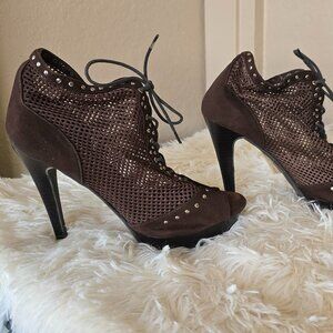Sacred Heart Chocolate Brown Suede/Mesh high heel platform peeptoe shoes, 8.5